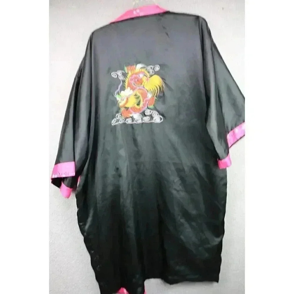 Women's Reversable Kimono Robe-Embroidered Dragon-One Size-Missing Belt-Pockets - Picture 3 of 6